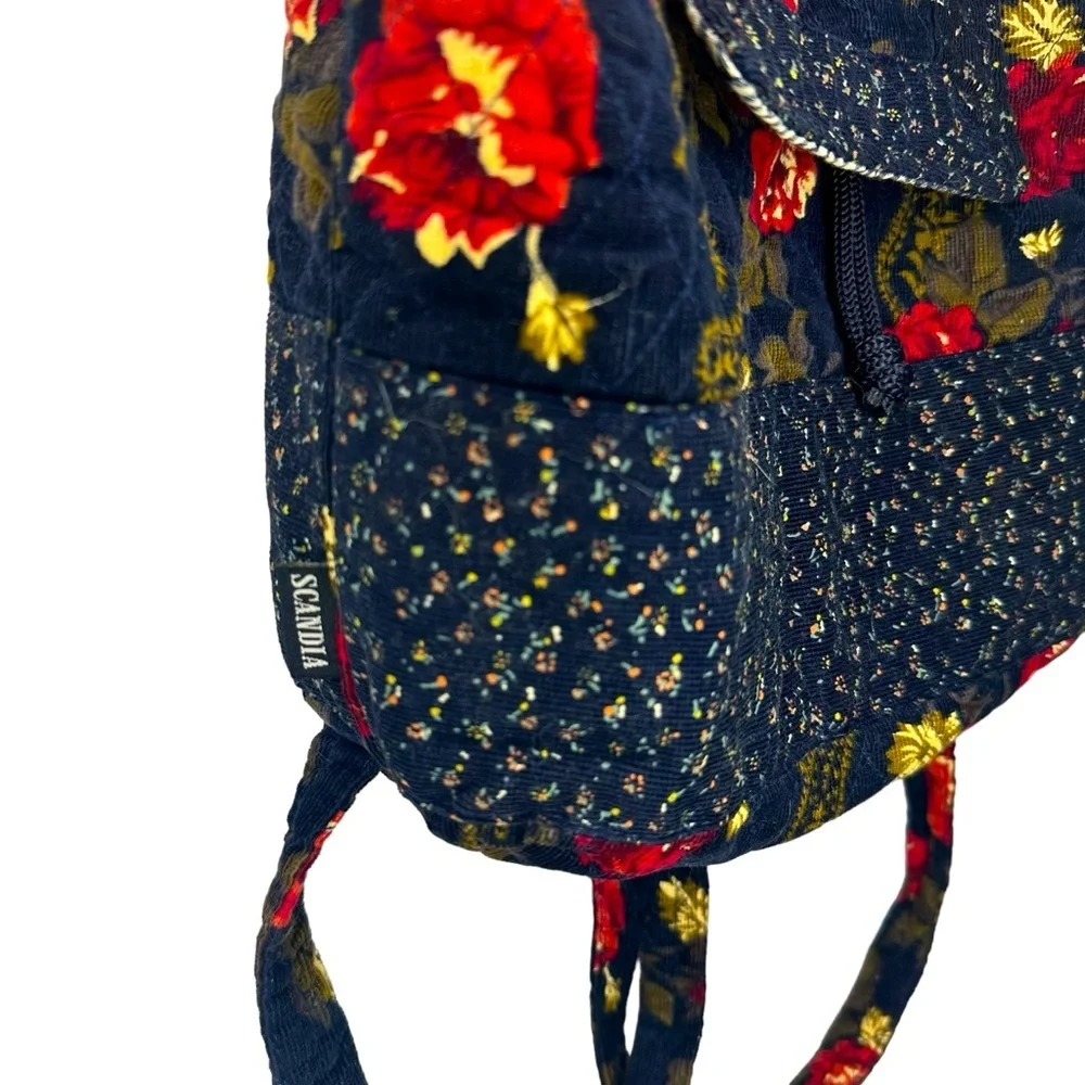 Vintage Scandia Floral Book Bag / Back Pack Black / Red / Yellow Plaid Interior
